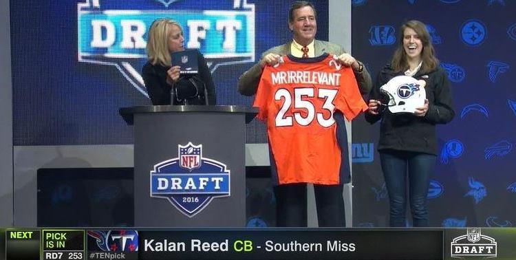 Mr Irrelevant 2016 Kalan Reed Broncos Jersey Titans Helmet